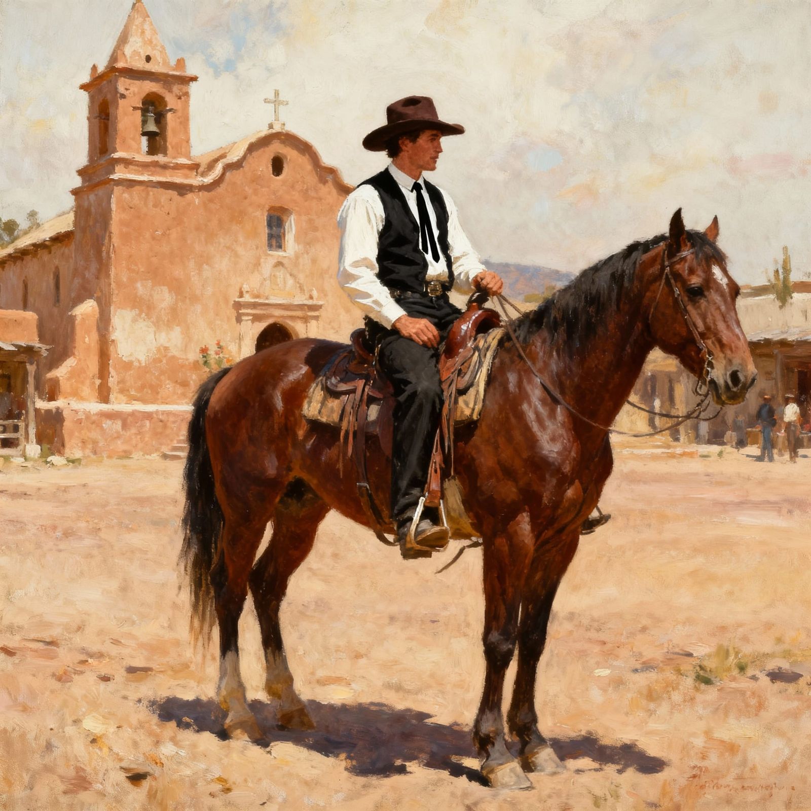 Dapper Cowboy on Horse at Adobe Church Painting