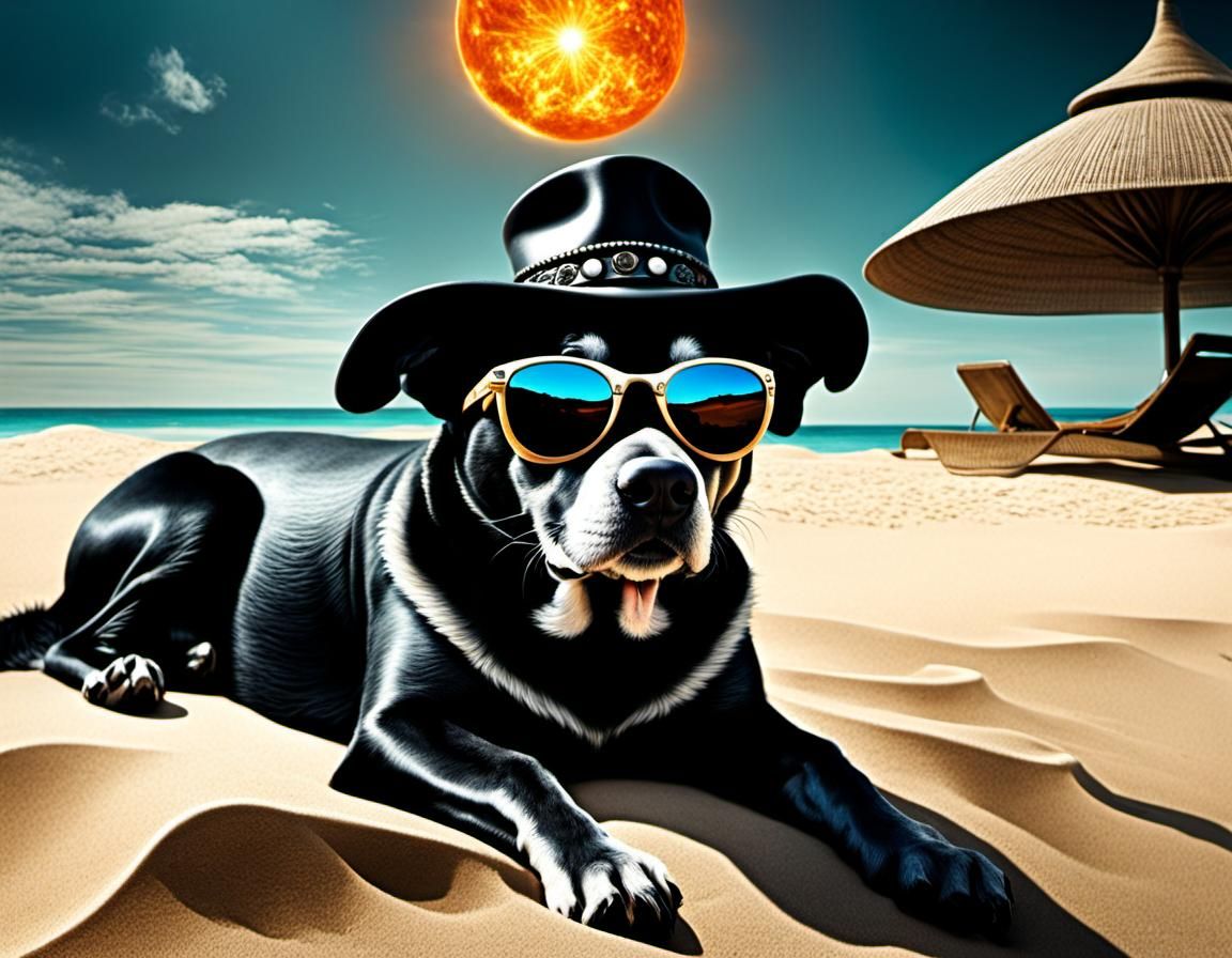 Surreal Beach Dog Lounging Under Blazing Sun