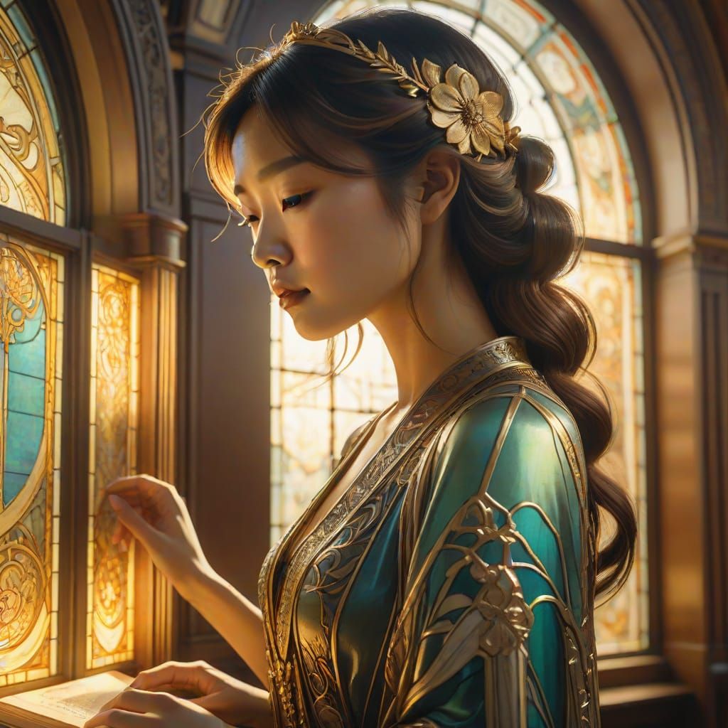 Asian Woman in Library, Art Nouveau Style
