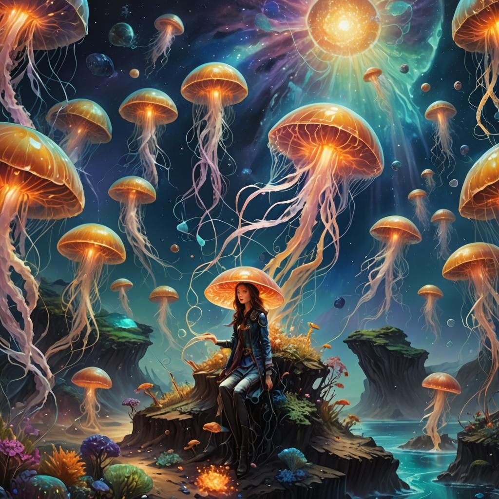 Crystalline Planet with Luminous Jellyfish: Surreal Impressi...