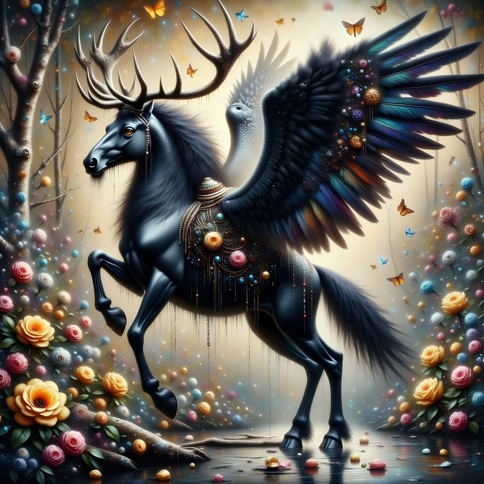Black Pegasus Stallion with Antlers, Impasto Painting