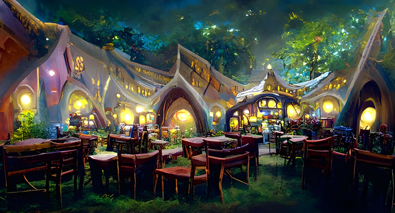 Fantasy Grass Cafe at Night: Digital Art