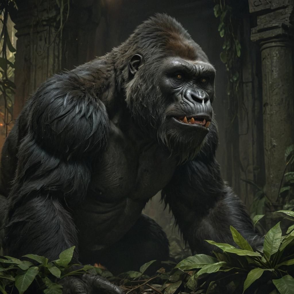 Menacing Gorilla Eats Cat in Abandoned Temple