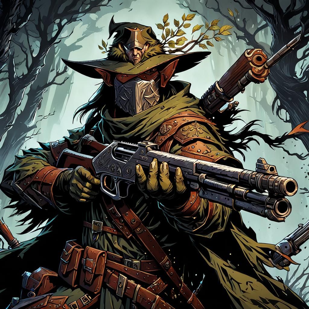 Armored Wood Elf Gunslinger in Darkest Dungeon Style