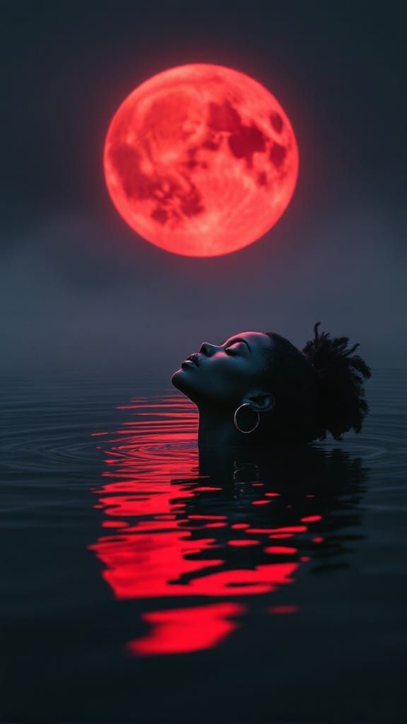 Ethereal Portrait of a Black Woman in Midnight Lake Dreamsca...