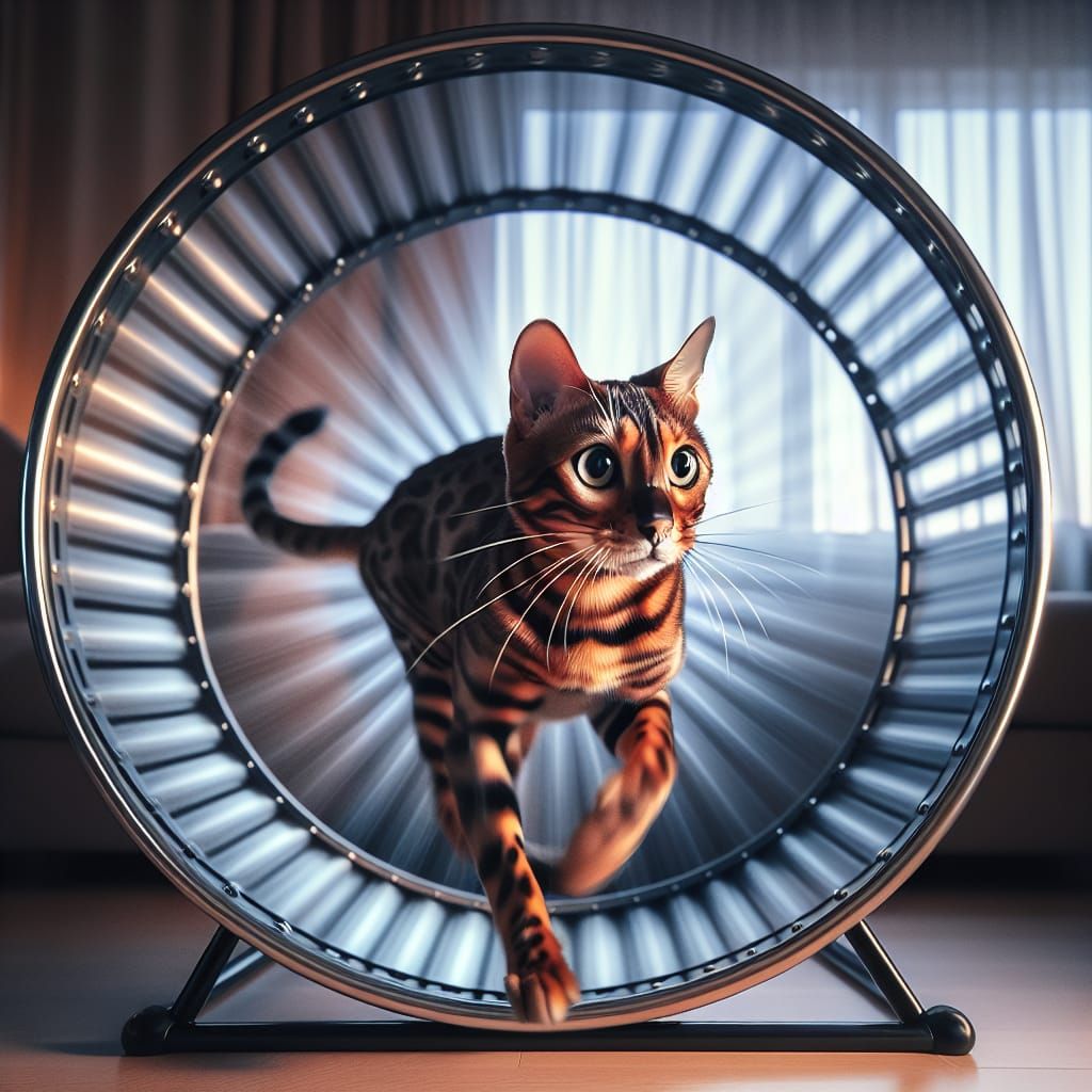 Bengal Cat's Playful Sprint in Running Wheel