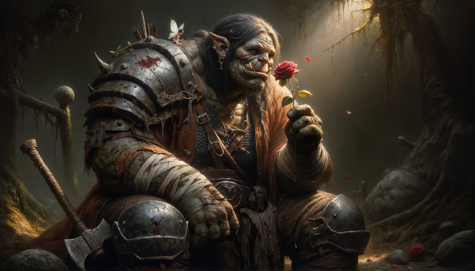 Dark Fantasy Maiden Savoring Rose in Medieval Forest