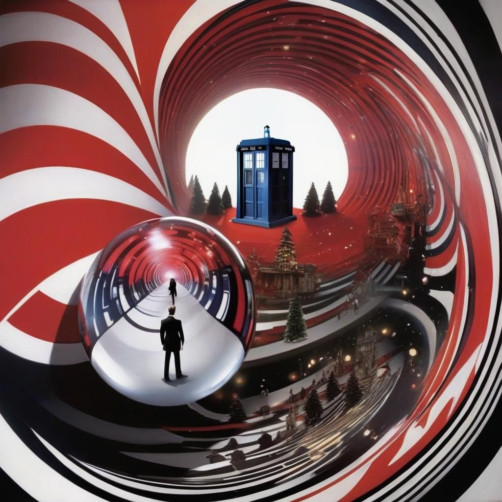 Optical illusion art, James Bond 007 wearing a Santa hat holding a gun, being chased down Optical Illusion Time Tunnel...