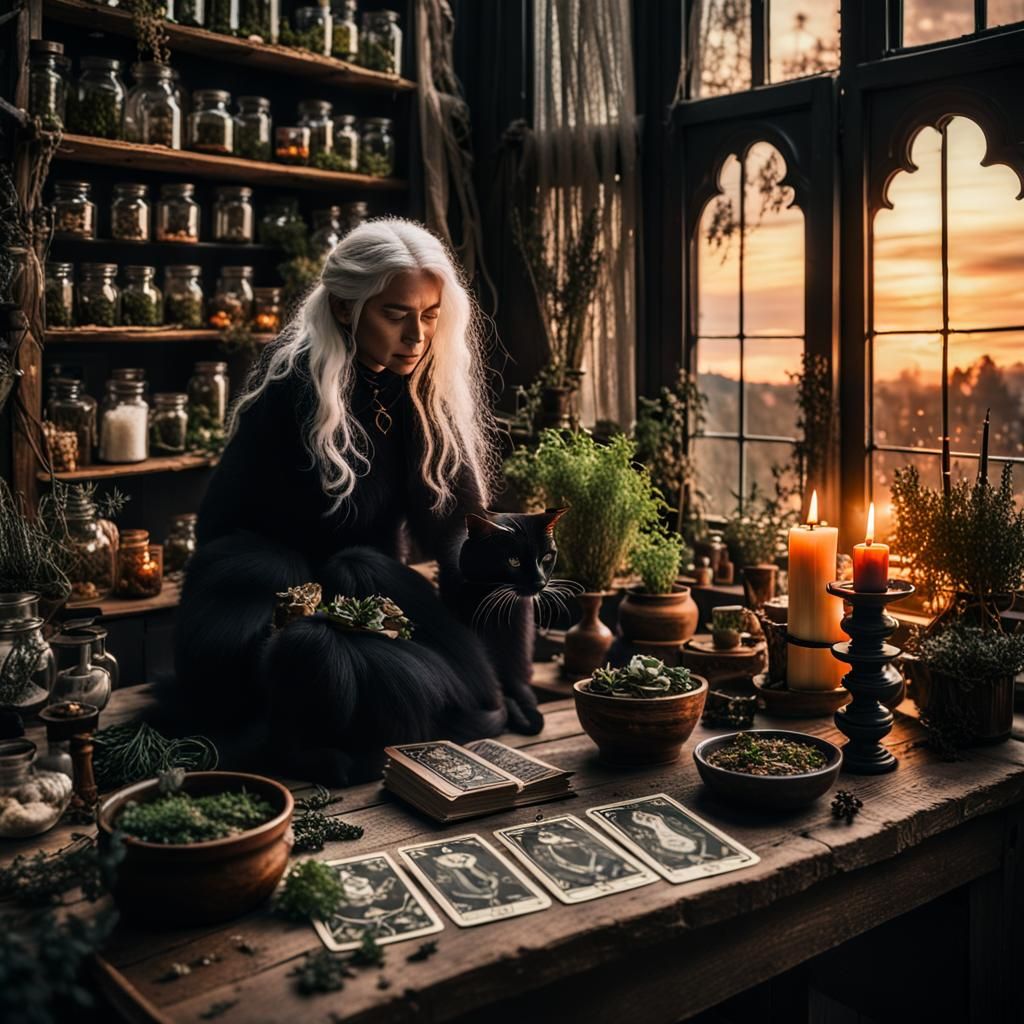 Vintage Apothecary Scene with Witch and Cat