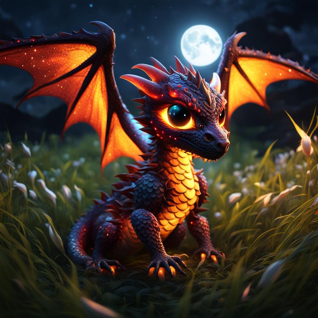 Cute Baby Fire Dragon in Tokyo at Night