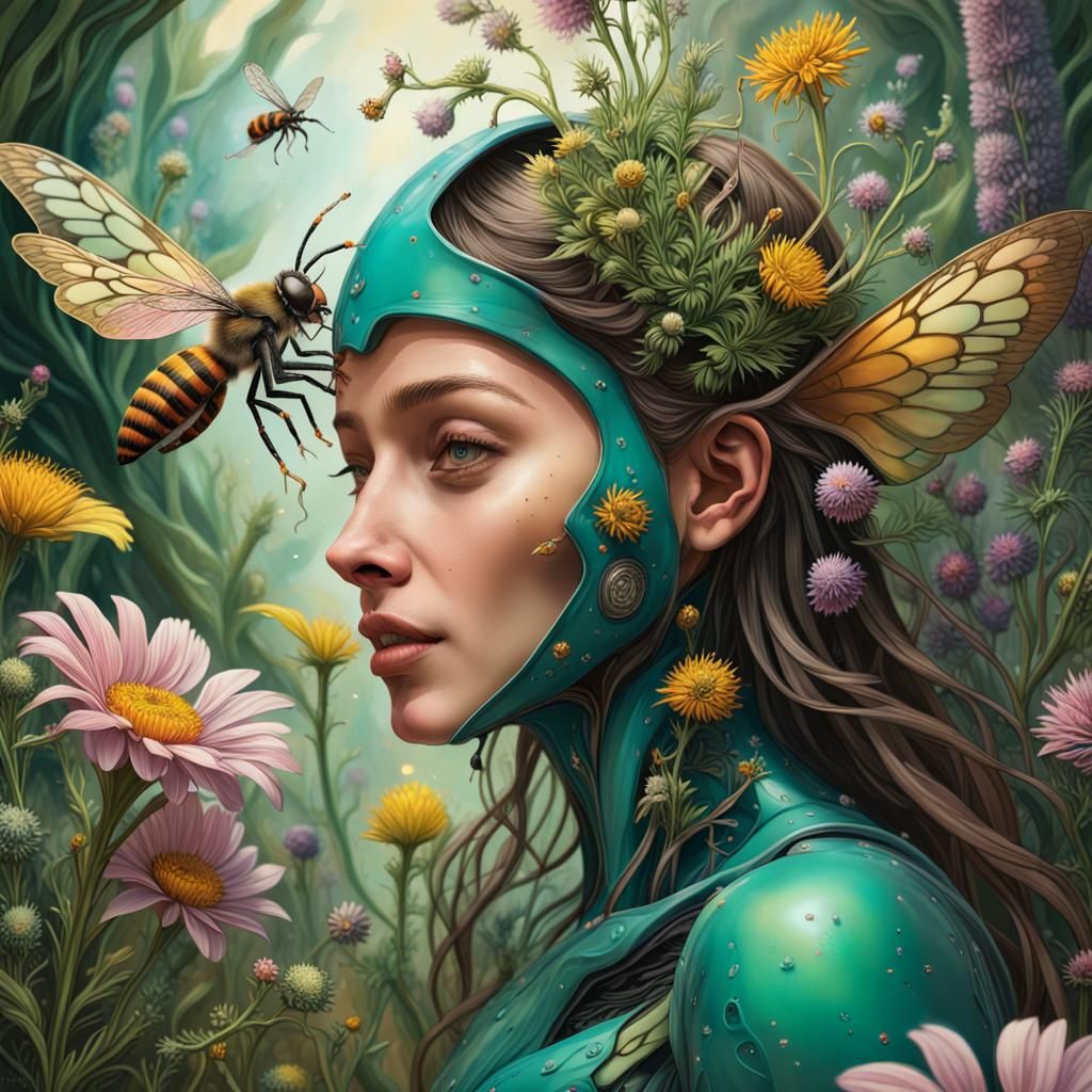 Bee Pollination of Woman in Maximalist Wildflower Garden