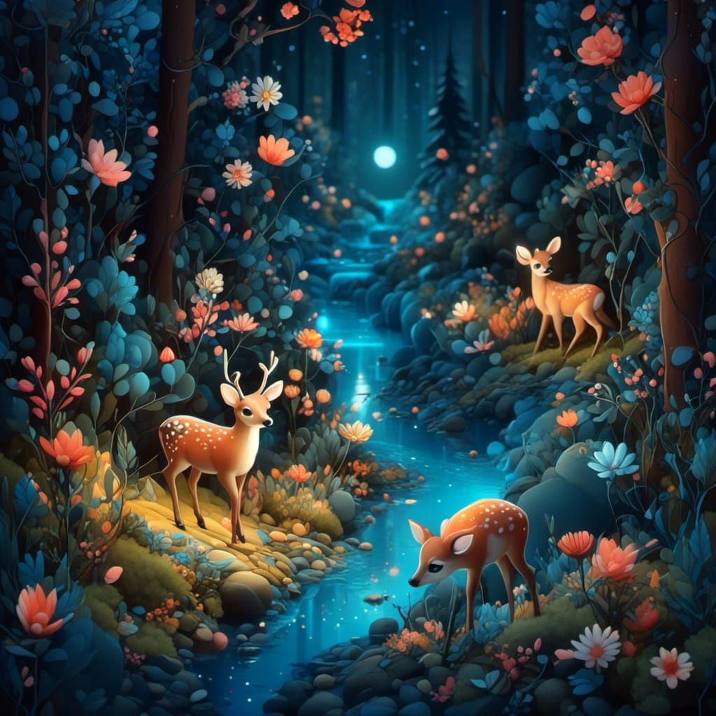 Isometric 3D Marzipan Fawn in Forest at Night