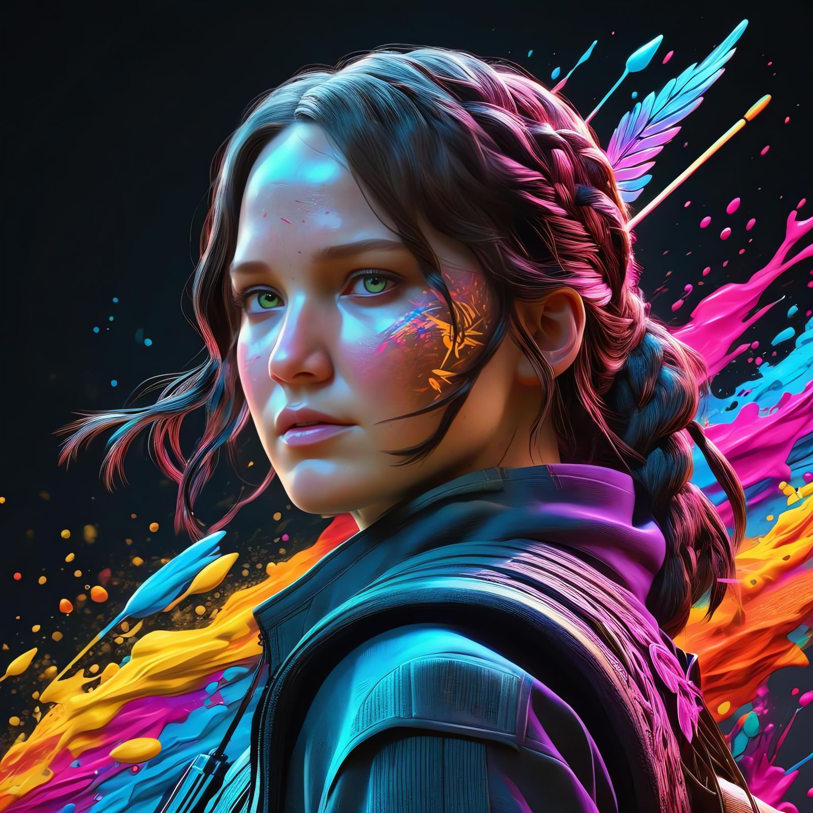 Katniss Everdeen Portrait with Neon Splash Paint