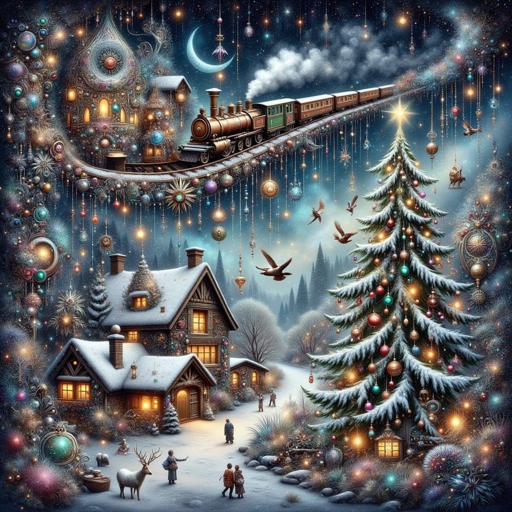 Enchanted Christmas Village in Whimsical Art Nouveau Style