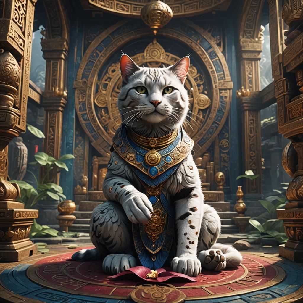 Cat Meditating in Lotus Position Inside Buddhist Temple