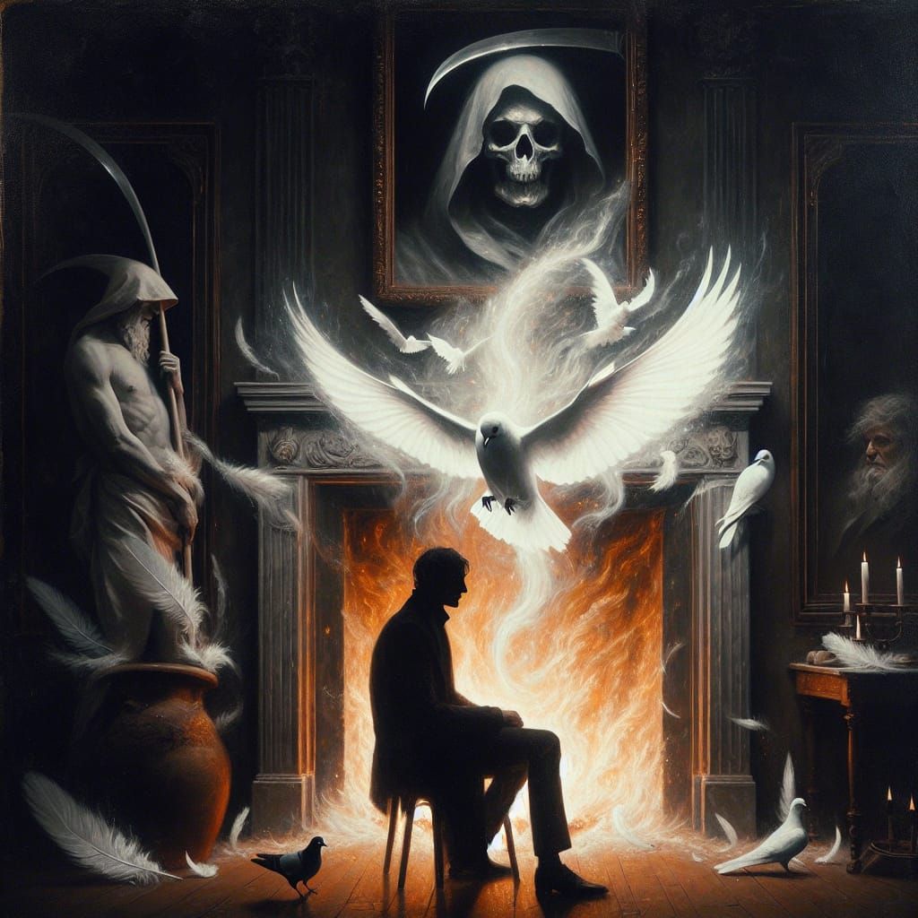 Ethereal Silhouette Scene with Reaper and Pigeon