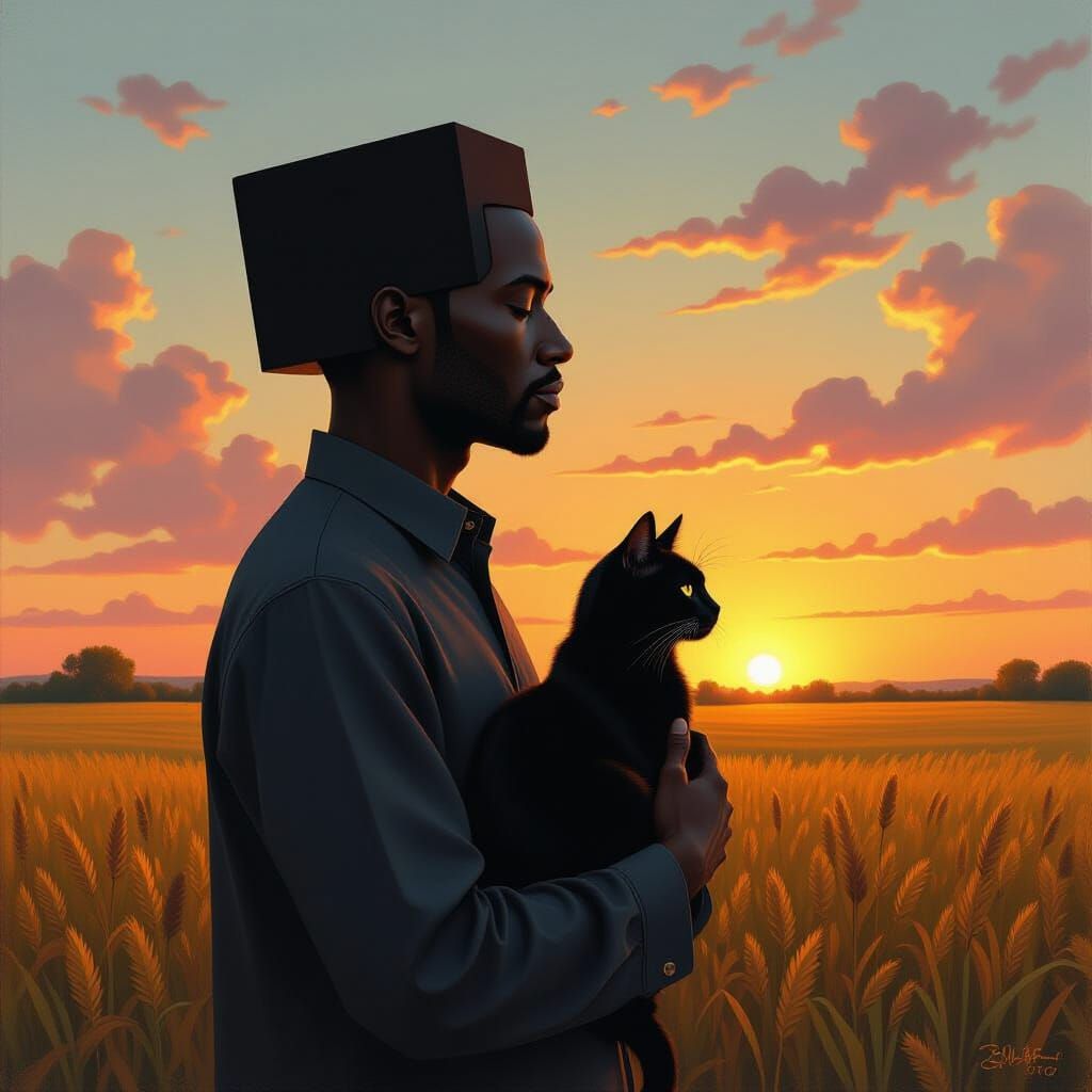 Man with Rectangular Head and Black Cat at Sunset