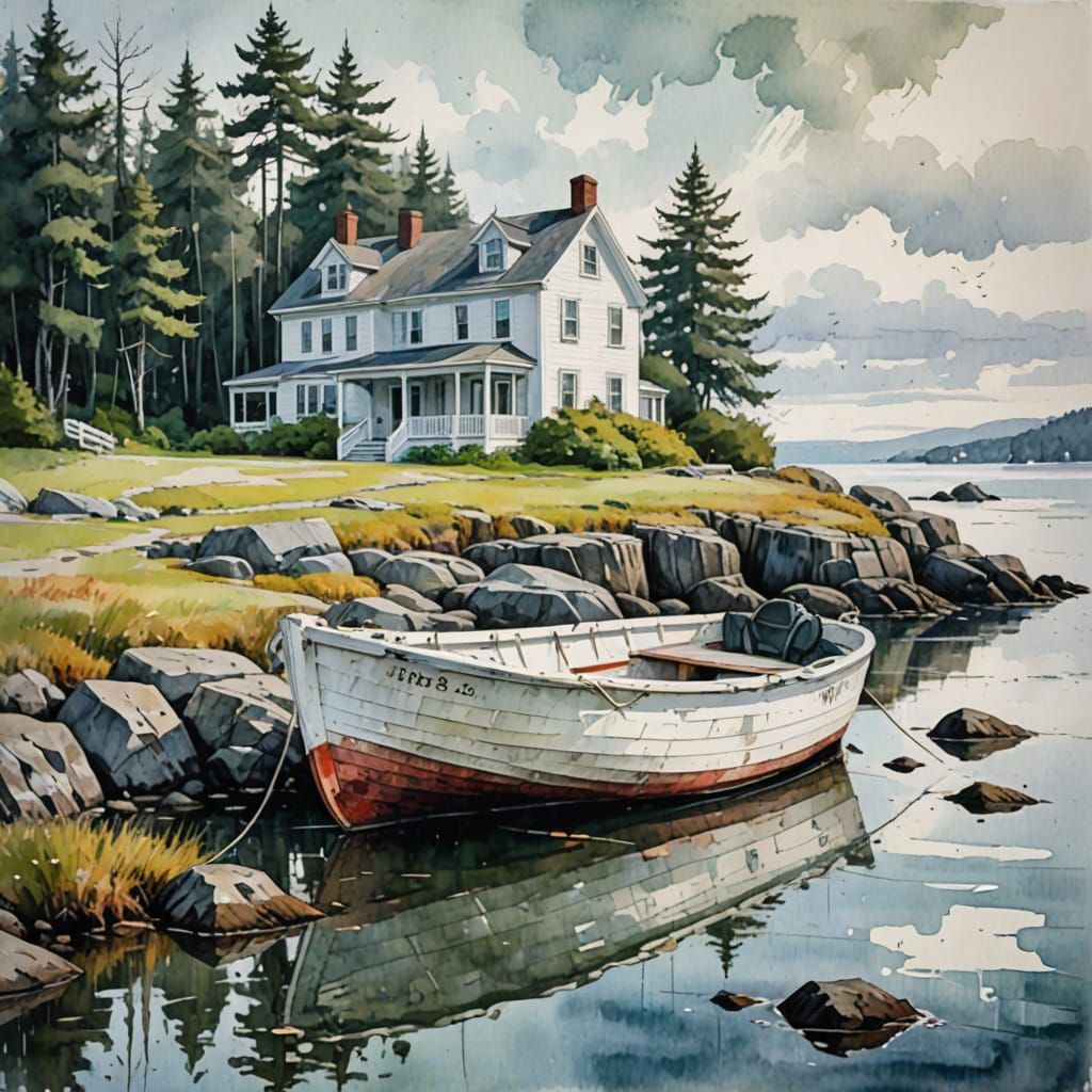Weathered Boat on Rocky Shore in Quaint New England Village