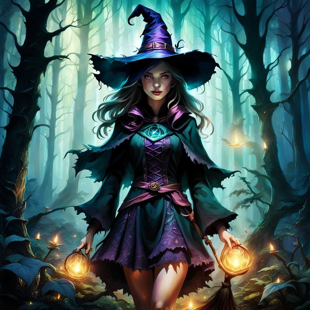 Enchanting Witch in Mystical Forest Digital Painting