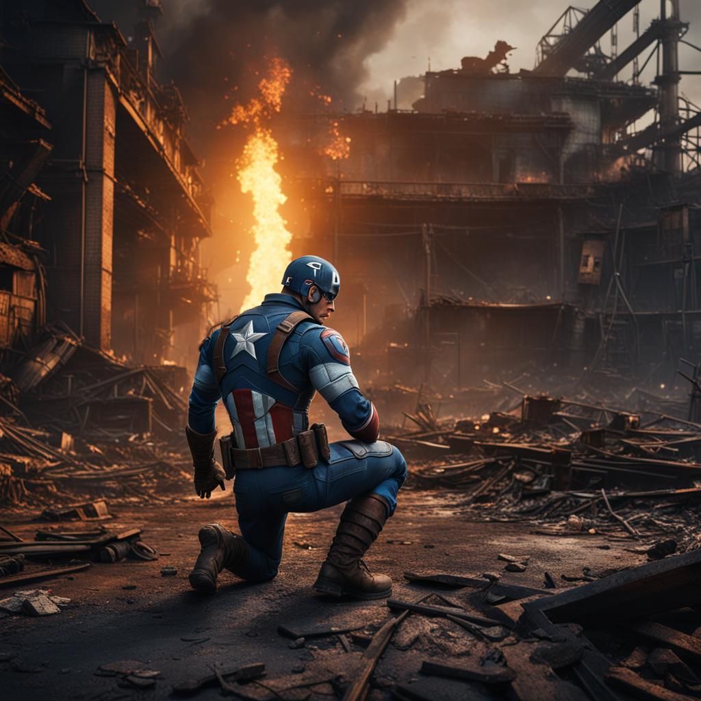 Captain America Exhausted in War-Torn Factory