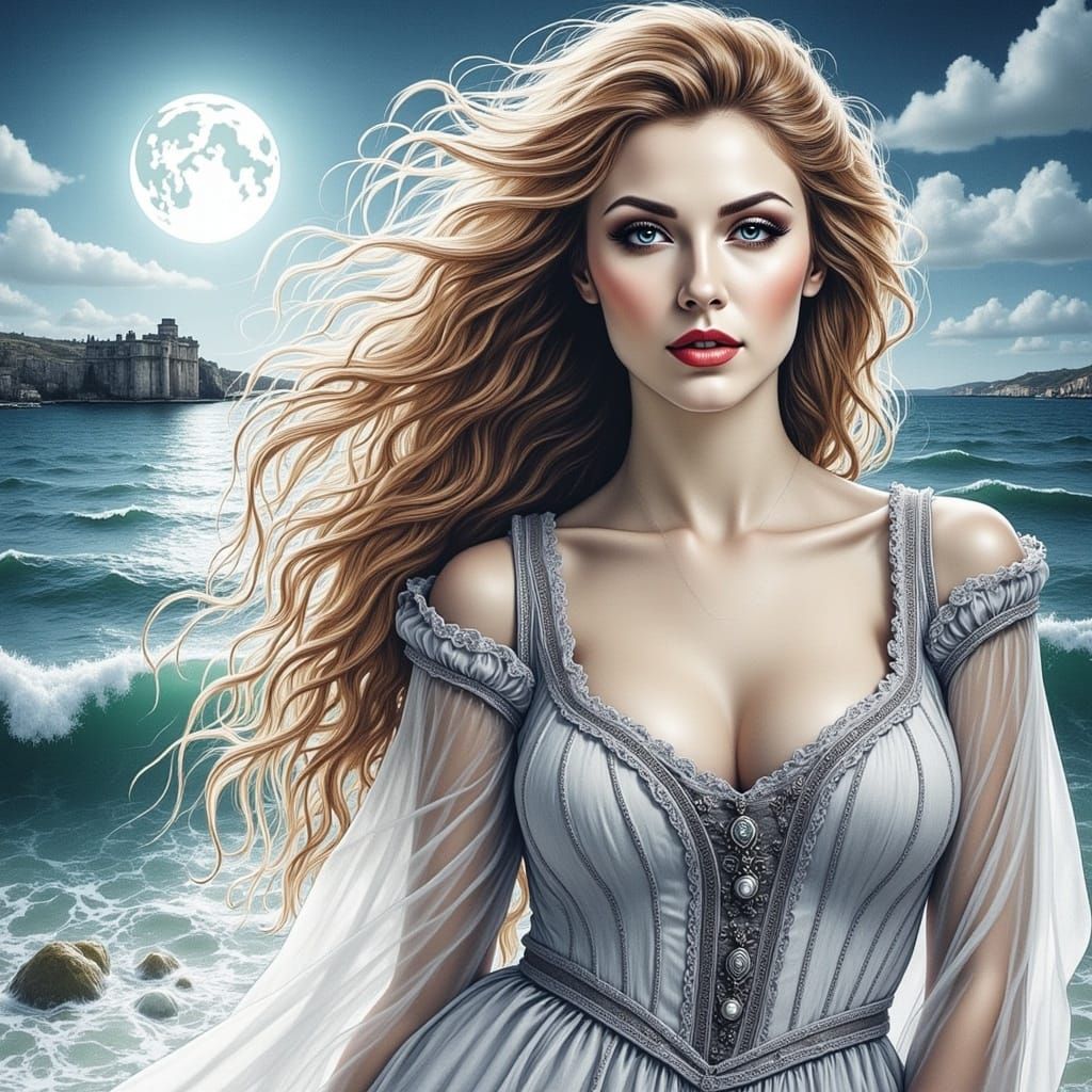 Red-Haired Woman by the Ocean on a Moonlit Night