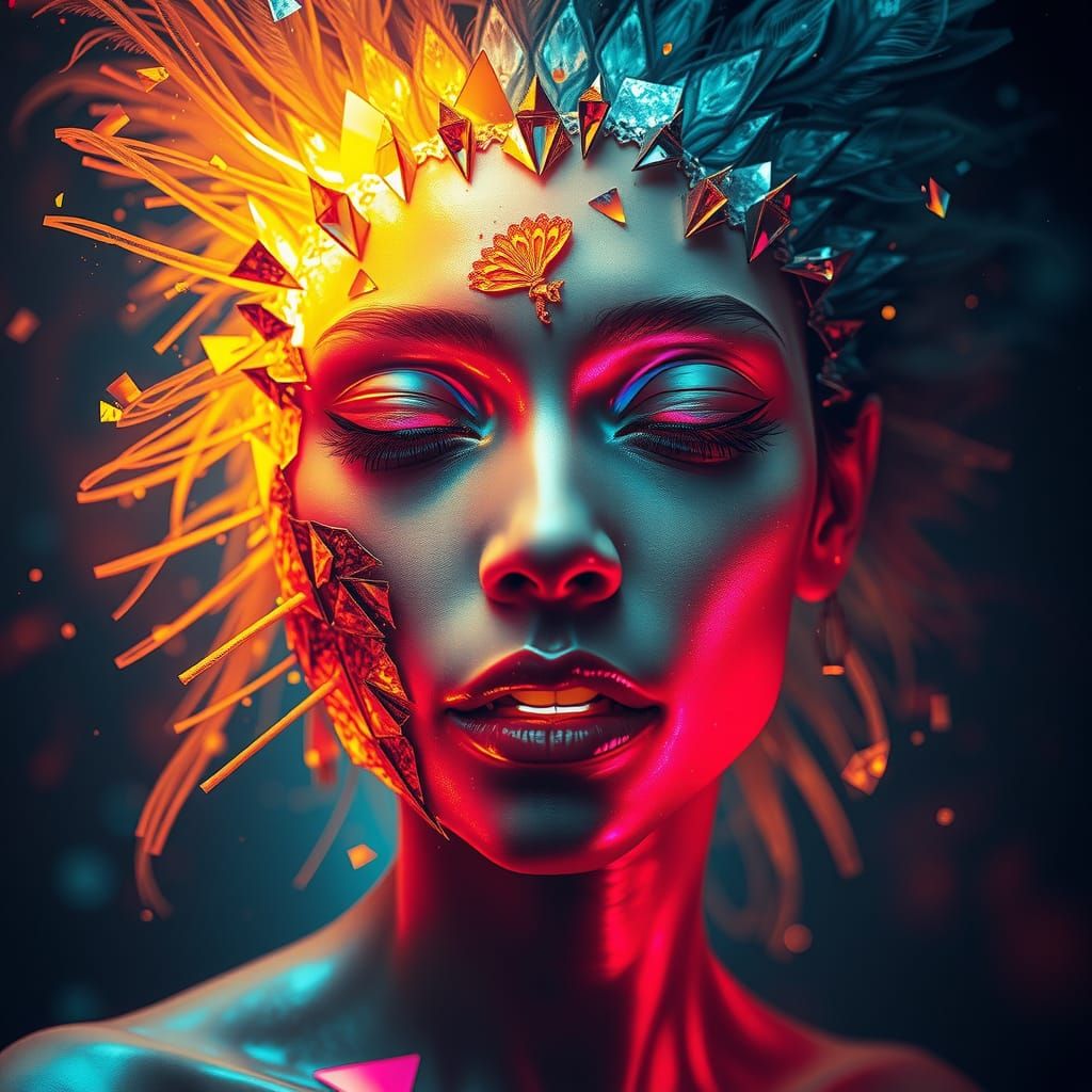 Fractured Light on Porcelain Face in Dystopian Dreamscape