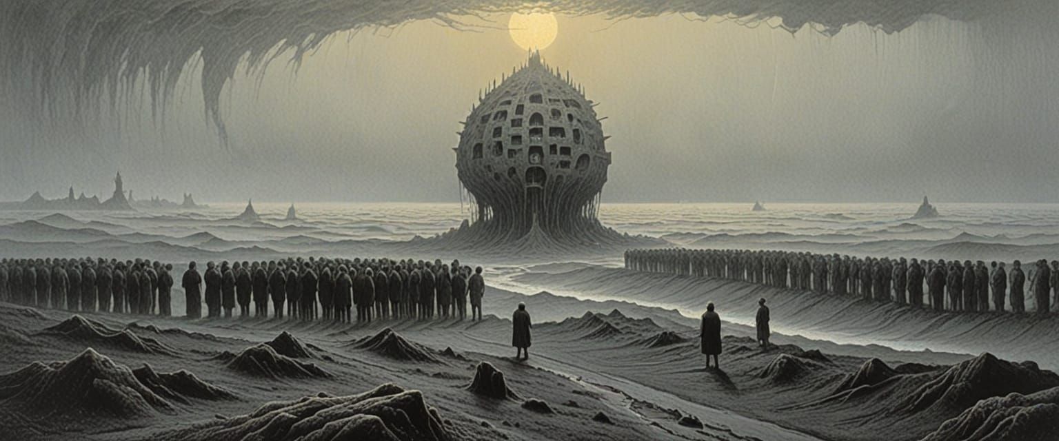 Surreal Dystopian Cityscape in Dark Oil Painting Style