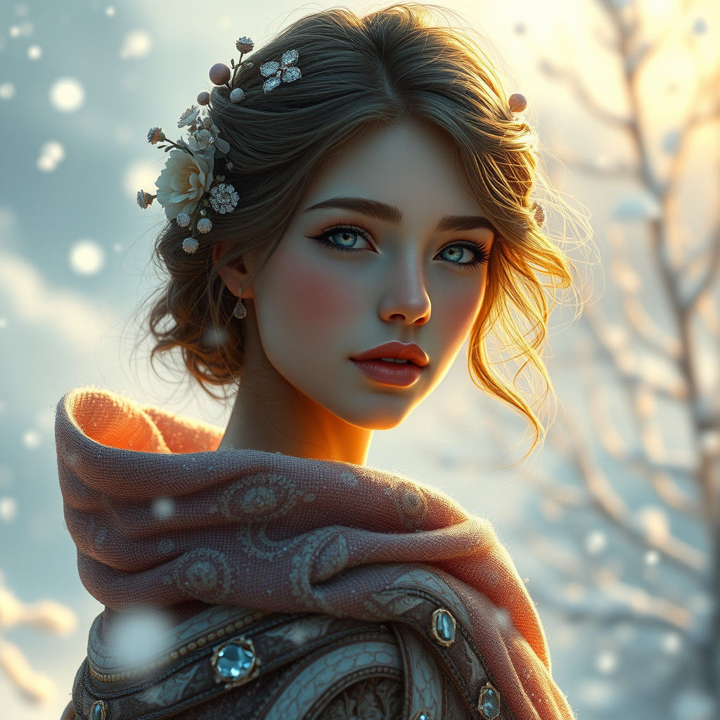 Ethereal Flower Girl in Snowy Landscape, Art Nouveau