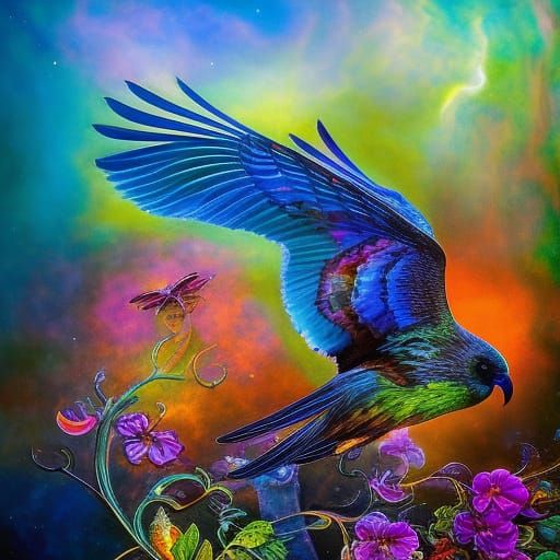 Bioluminescent Raven in Misty Landscape, Fantastic Realism