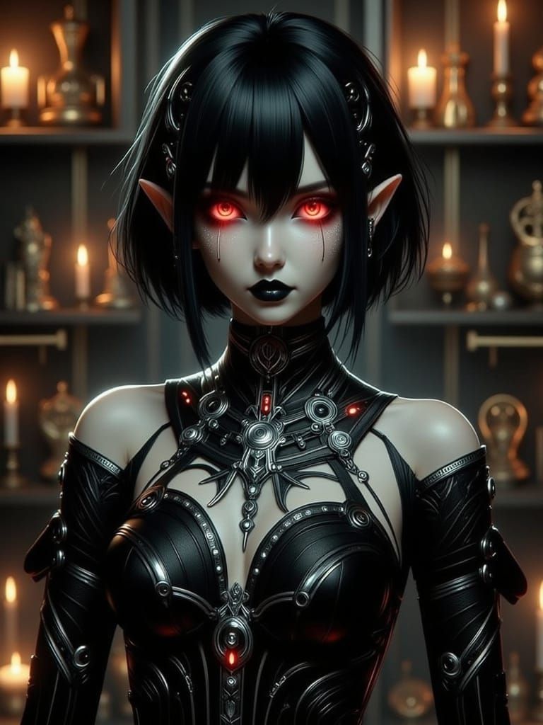 Short black haired goth elf woman with red eyes and lips, pale complexion, wearing goth clothes and silver jewelry stand...