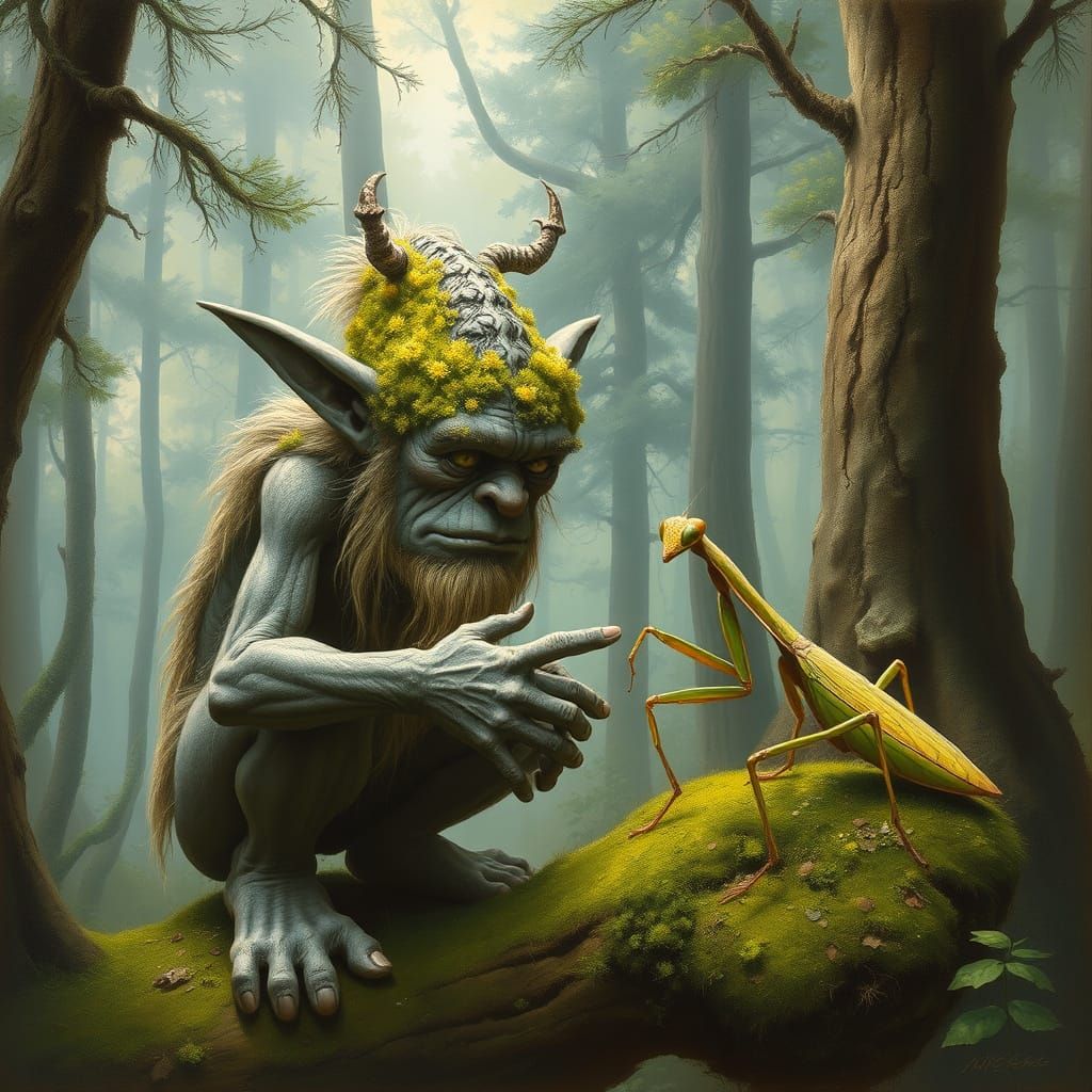 Moss Troll Chatting with Mantis, Fantasy Art