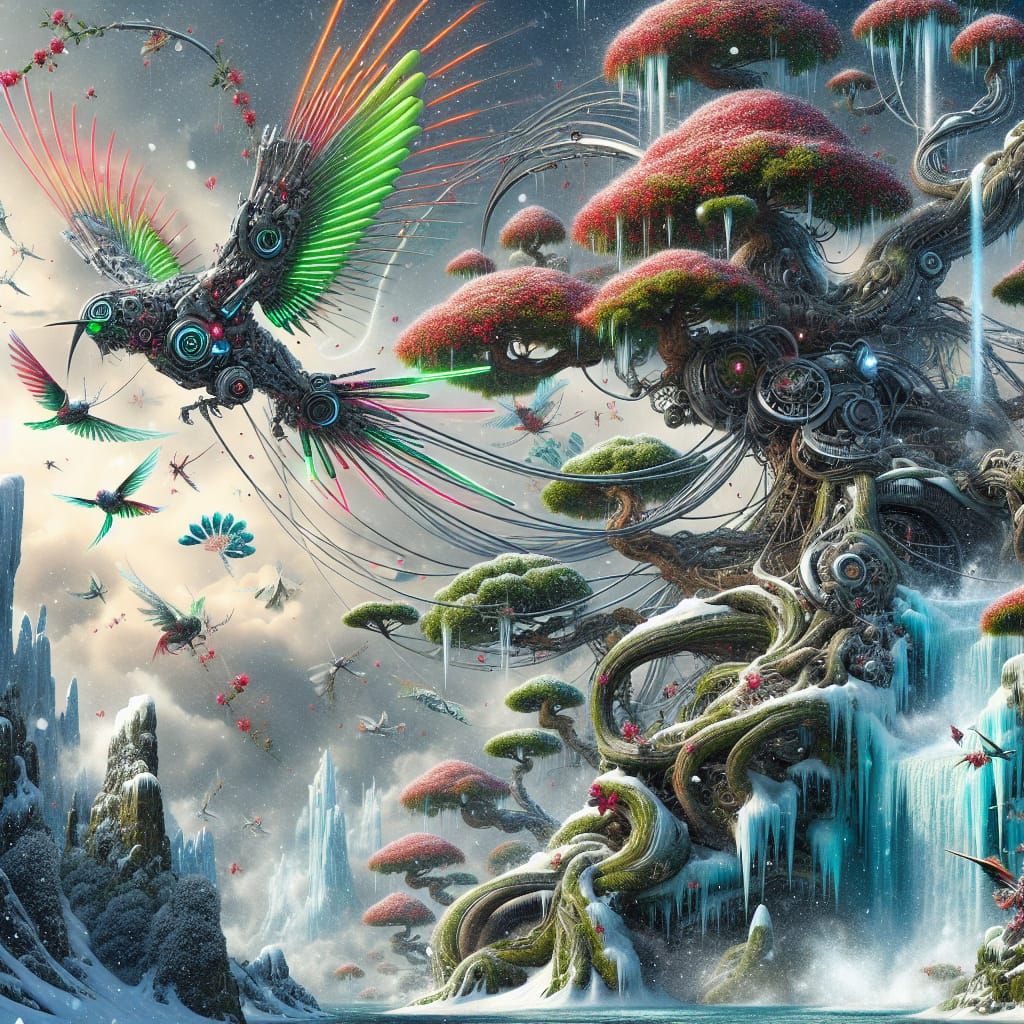 Mechanical Hummingbird in Snowy Bonsai Garden