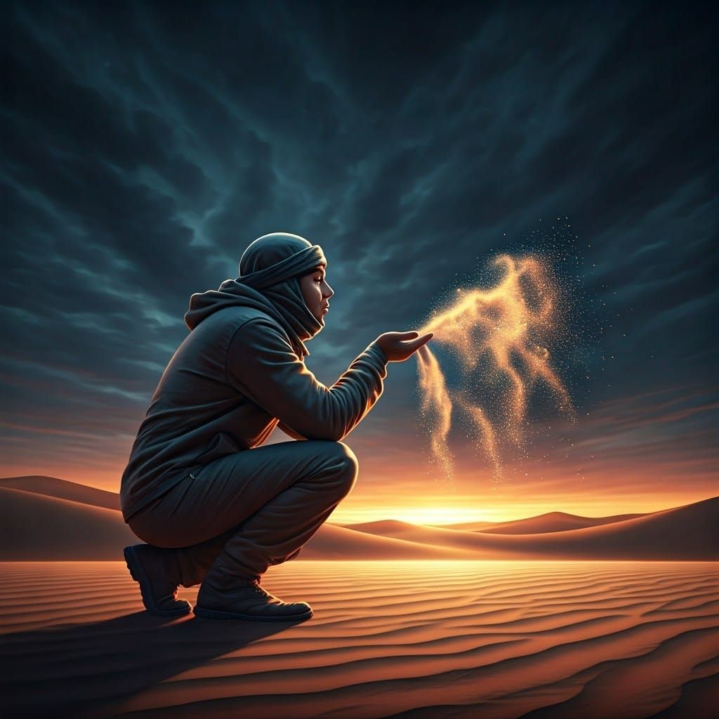 Person Blowing Glittering Sand in Epic Cinematic Style