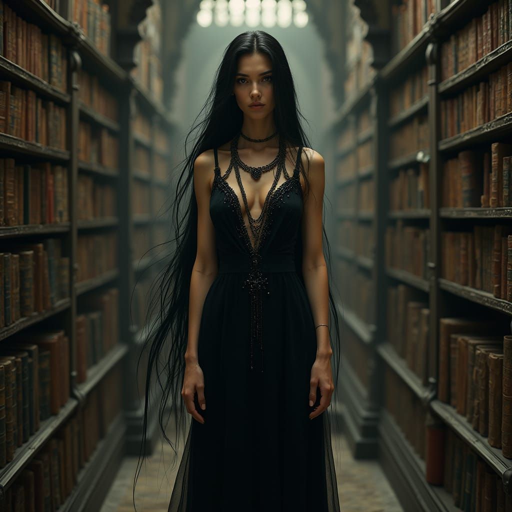 Elegant Woman in Gothic Library, Art Nouveau Style