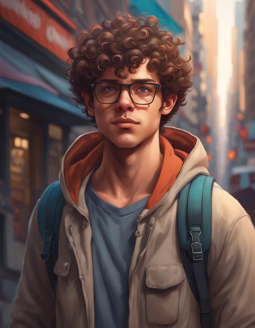 A young man resembling Gaten Matarazzo with glasses and a backpack