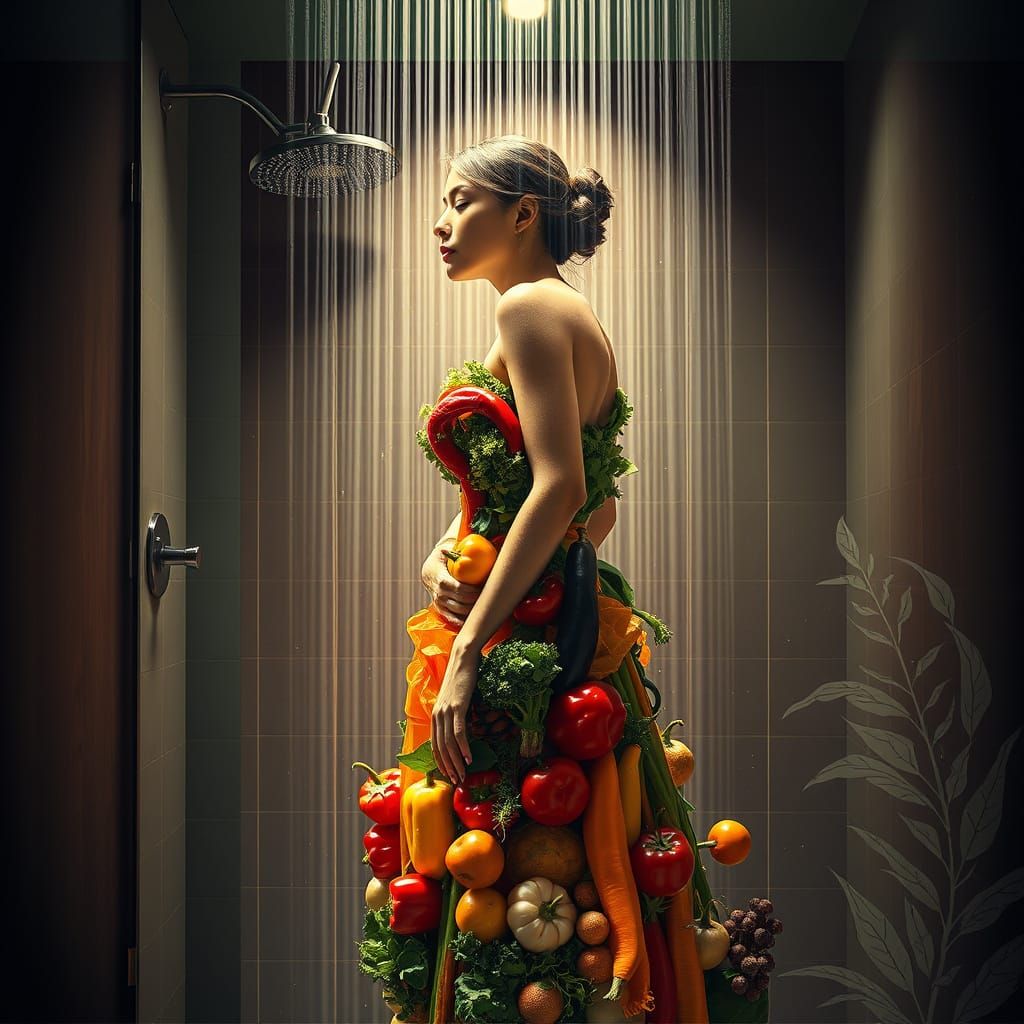 Lady in Vegetable Dress in Lonely Shower