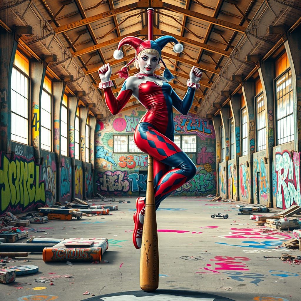Harley Quinn Balances in Graffiti Hangar, Digital Art