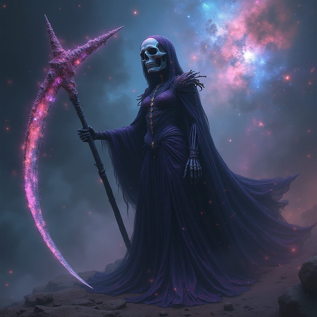 Lady Death at Nebula Edge in Dark Fantasy Style