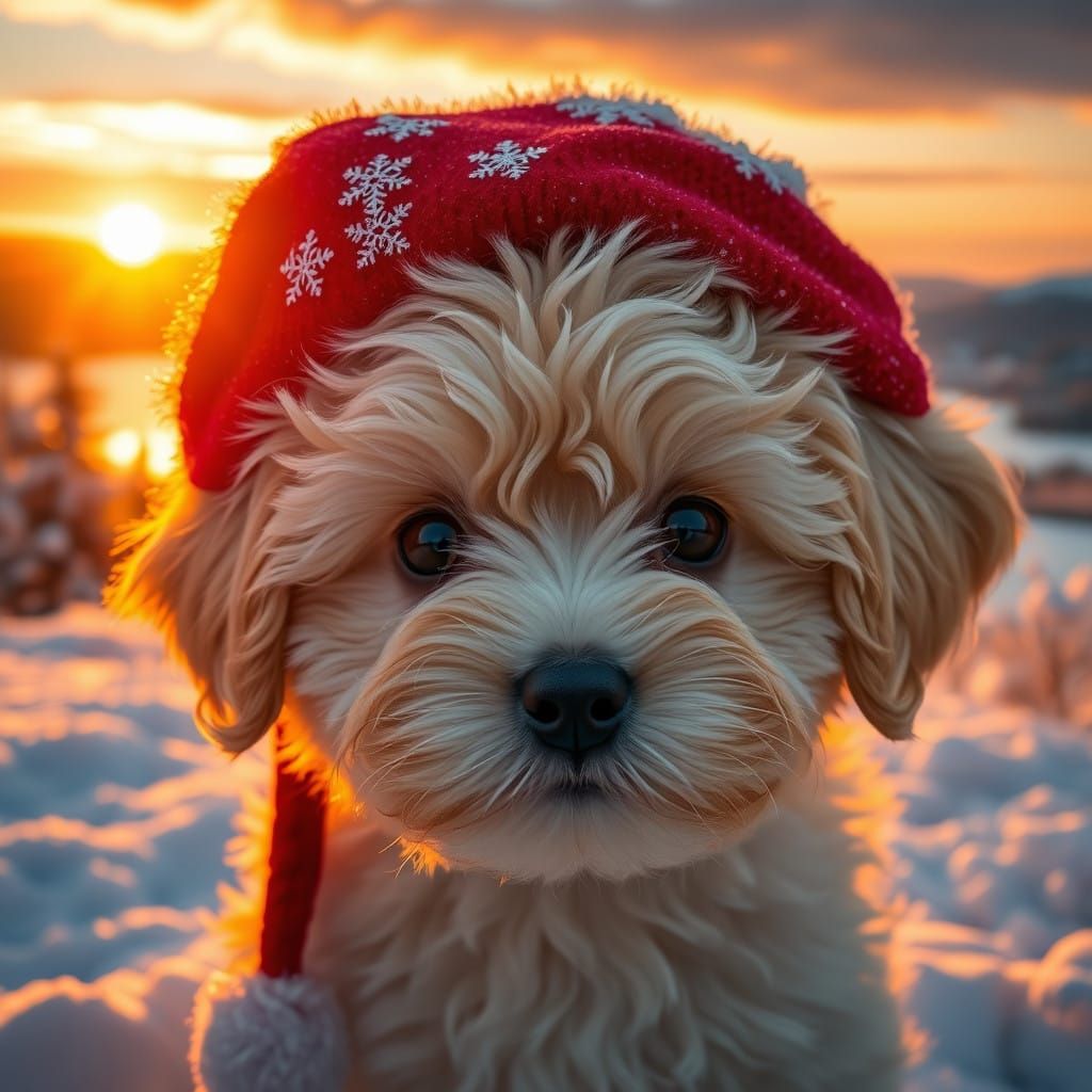 Hyperrealistic Winter Wonderland with Maltipoo Puppy in Red....
