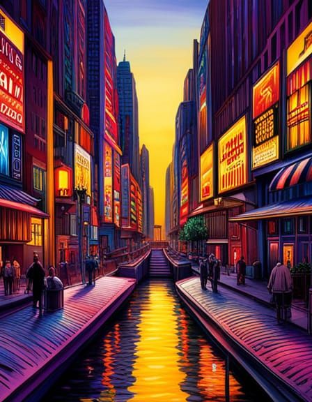 Psychedelic Cityscape in Primitivism Art Style