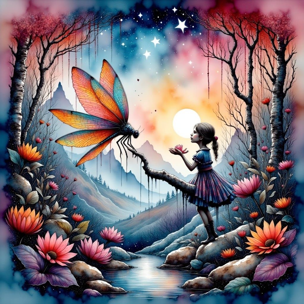 Iridescent Dragonfly in Dreamy Landscape with Snow-Covered M...