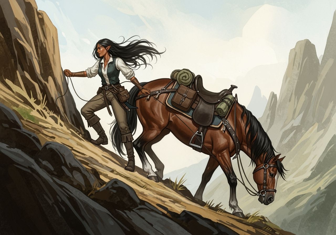 Elven Woman and Horse Climb Rocky Path as Watercolor Paintin...