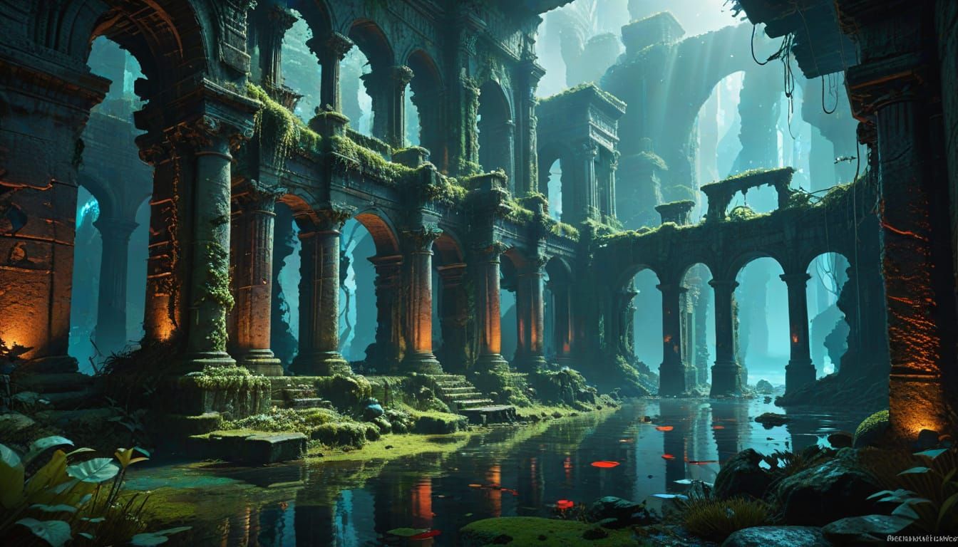 Overgrown Atlantean City Ruins in Ethereal Underwater Light