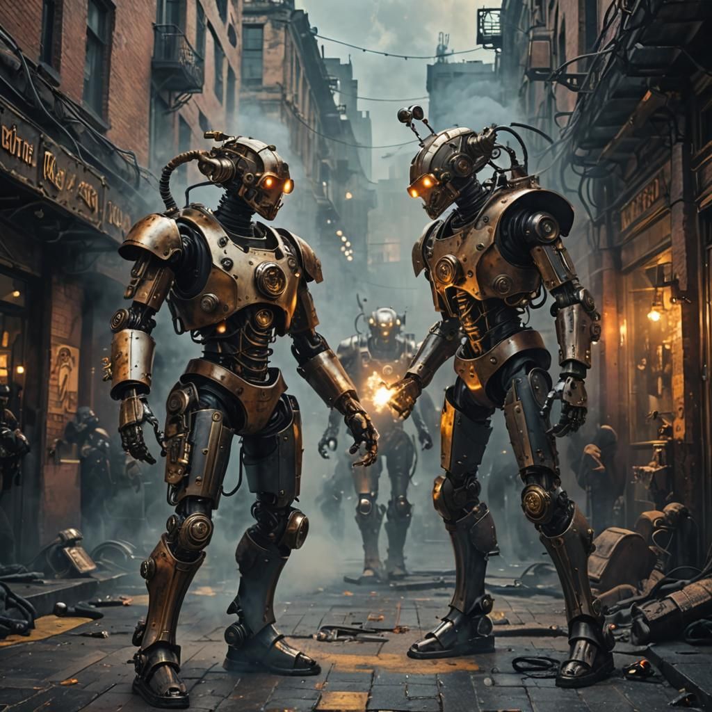 Robots and Steampunk Warriors Clash in Cyberpunk City