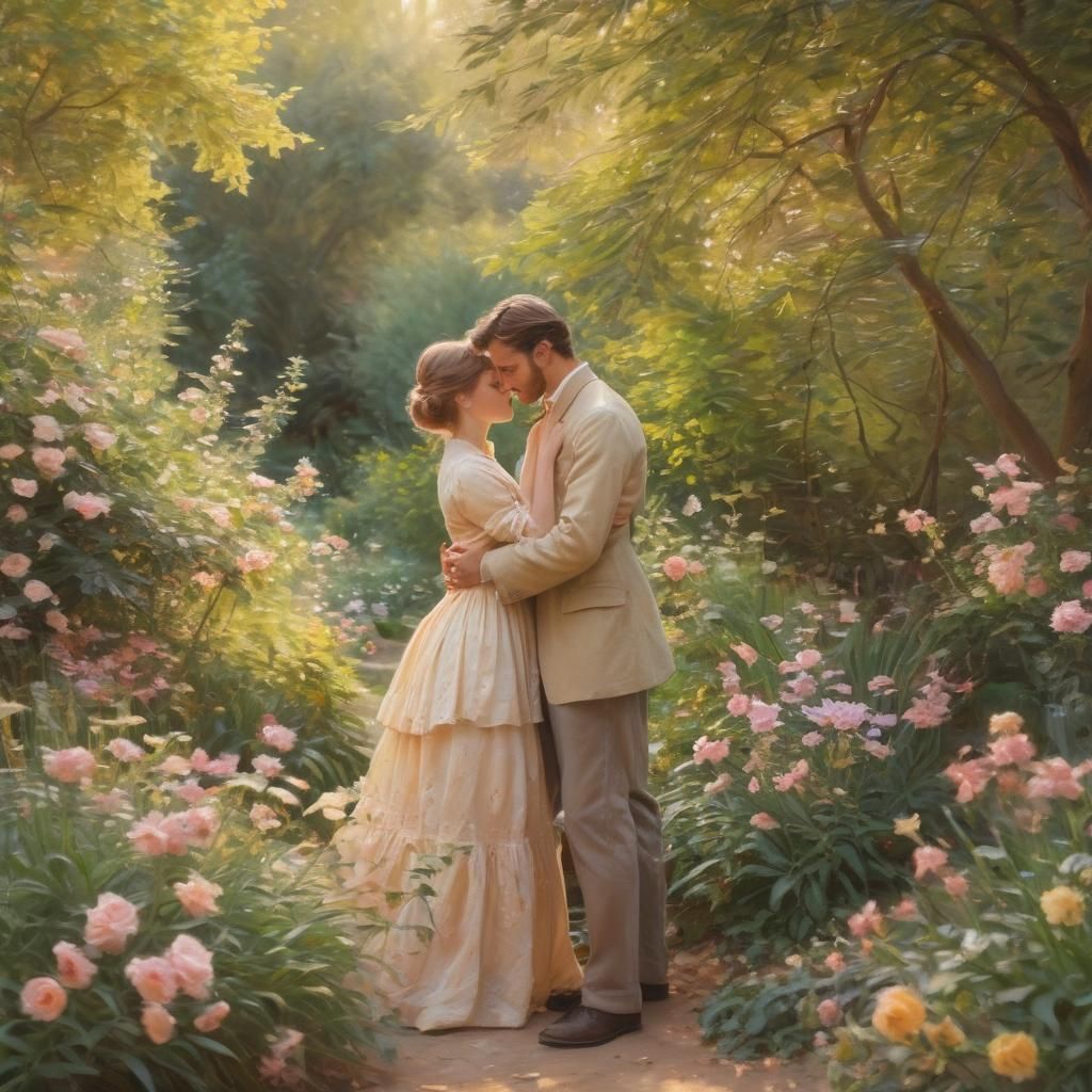 Impressionist Couple Embracing in Lush Garden