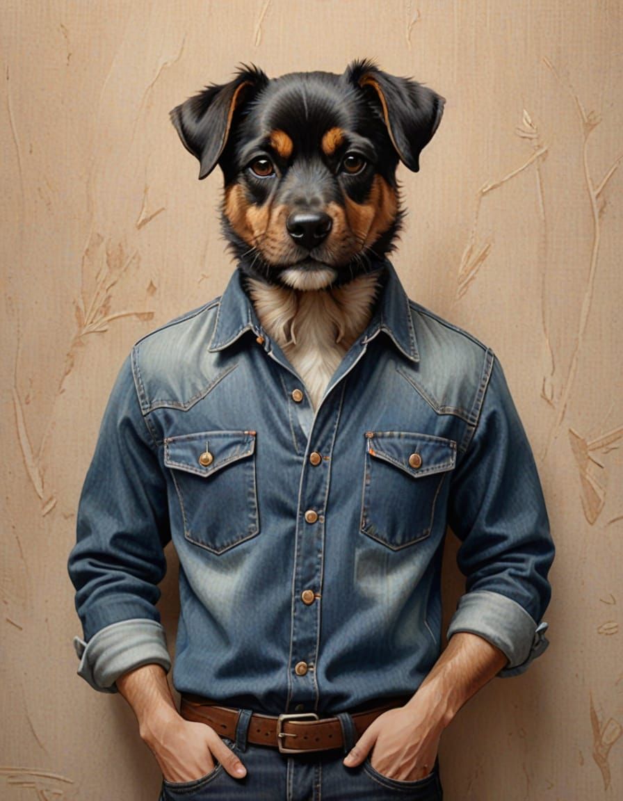 Whimsical Denim Scene with Miniature Puppy