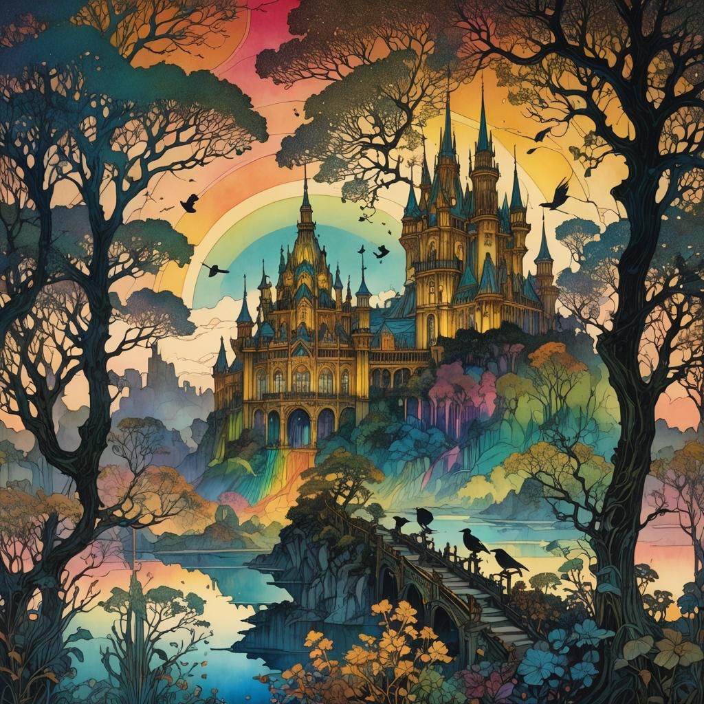 Golden Crystal Palace in Ancient Fantasy Landscape