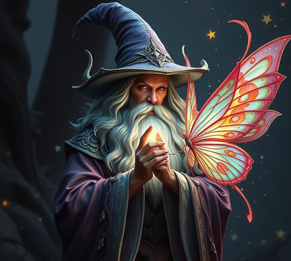Wizard holding a fairy.
