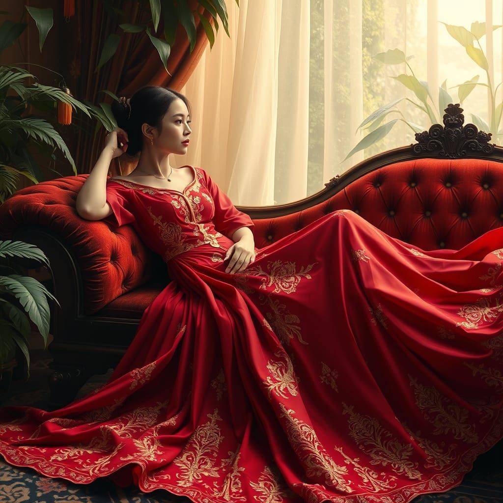 A lovely woman in a flowing red dress lounges on a sofa, wra...