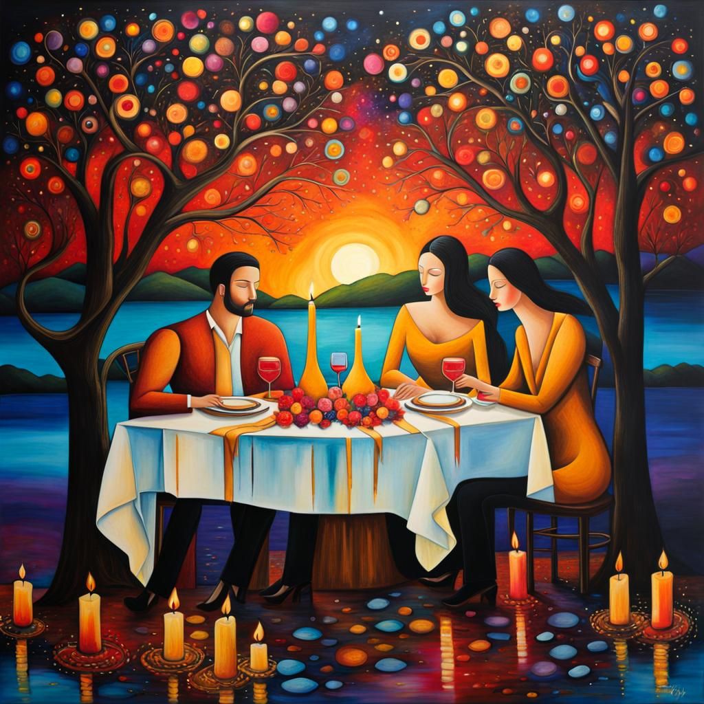 Romantic Fantasy Dinner for Two in Cubist Style